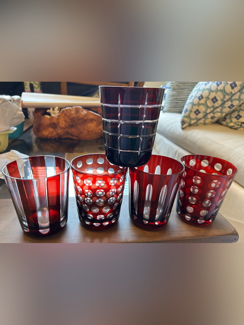 TOZAI HOME Ruby Red Cut Glass Old Fashioned Cocktail Glasses, S/5